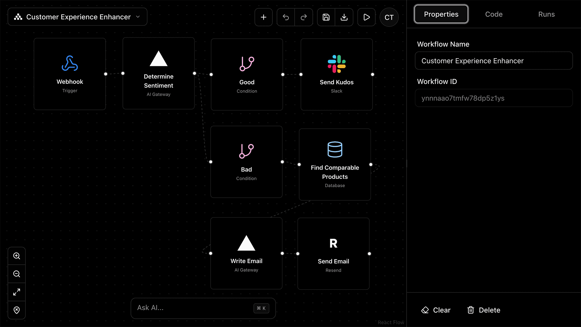 Workflow Builder screenshot showing the visual drag-and-drop editor
